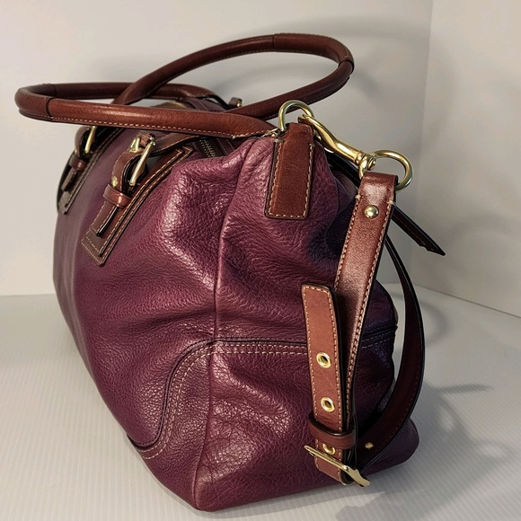 Coach Genuine Pebbled Leather Berry w/Camel Accents Hampton Satchel Bag - Picture 4 of 16